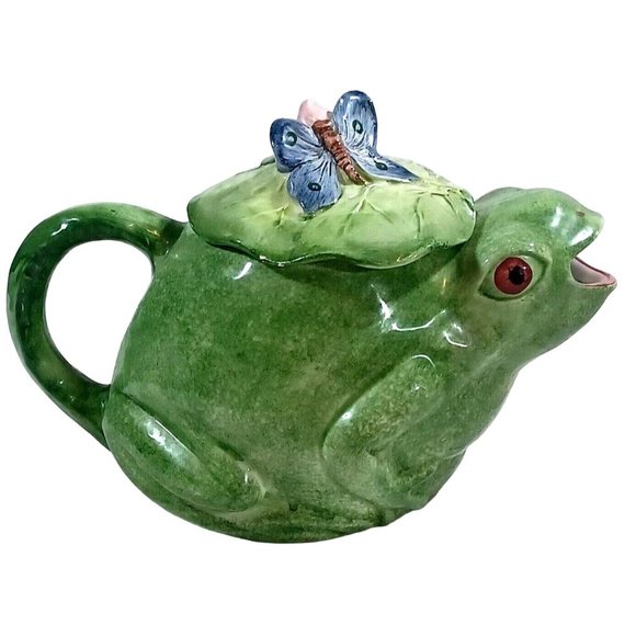 Vintage Signed Majolica Pottery Frog  Butterfly Capodimonte Teapot Made … - Picture 3 of 12